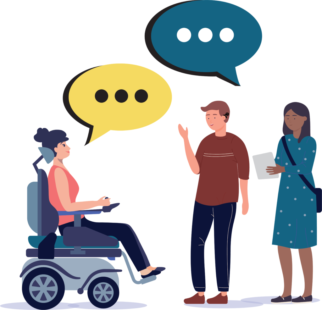 Illustration of people with disabilities using assistive technologies to communicate