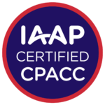 Blue Circle with red outline and white text stating IAAP Certified CPACC